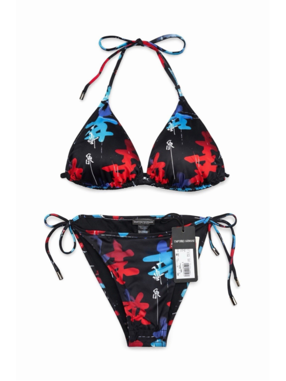 NWT Armani Bikini Set XL Black Graphic Triangle Tie Side
